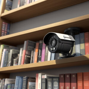 camera in a bookshelf